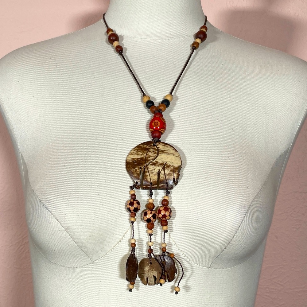 Vintage WOOD African Elephant Summer Boho Festival Maximalist Oversized Necklace